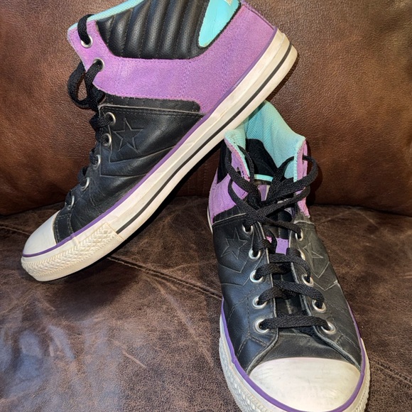 Converse Men’s Chuck Taylor Black, Purple, and Teal Leather Sneakers - Picture 12 of 12